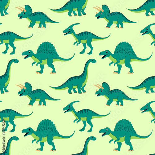 Seamless pattern  of green  dinosaurs