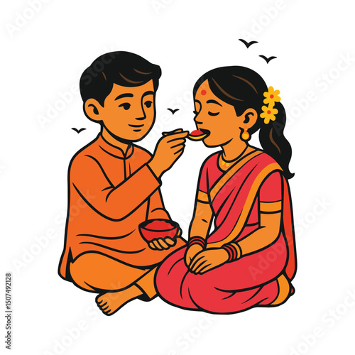 Bhai Dooj Celebration Brother Feeding Sister Illustration Art & Illustration