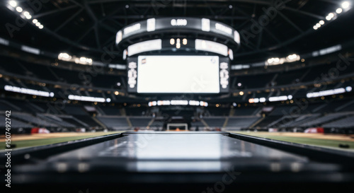 Empty sports arena with illuminated scoreboard before event   photo