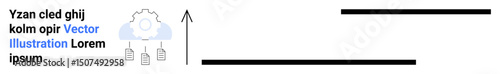 Cloud connected to three data files, gear symbol for processing, and upward arrow for growth. Ideal for data management, cloud storage, technology, innovation, growth, automation simple landing page