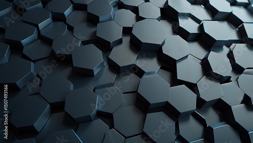 A dark abstract background featuring a pattern of hexagonal shapes in a close up arrangement