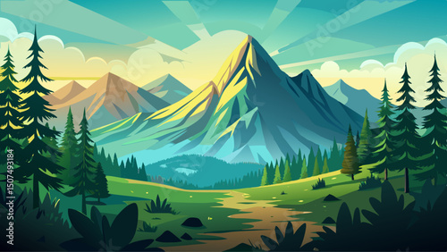Serene mountain landscape where sun rays gently illuminate the lush green forest, with majestic peaks rising in the background, evoking a peaceful and immersive nature experience.