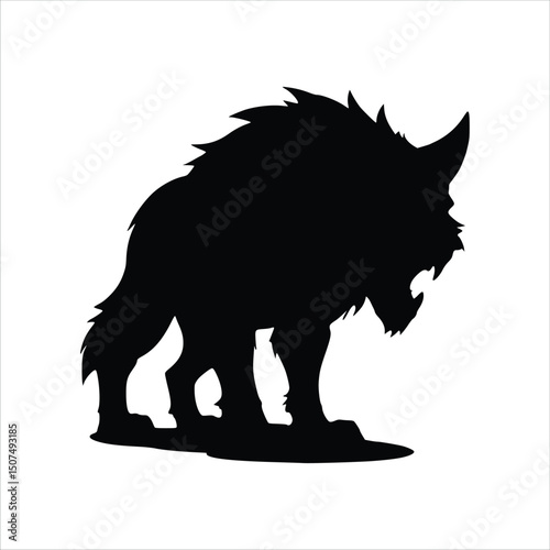Vector art of Silhouette of a ferocious beast with horn isolated on white background, fantasy creature