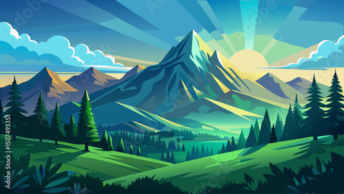 Serene mountain landscape where sun rays gently illuminate the lush green forest, with majestic peaks rising in the background, evoking a peaceful and immersive nature experience.