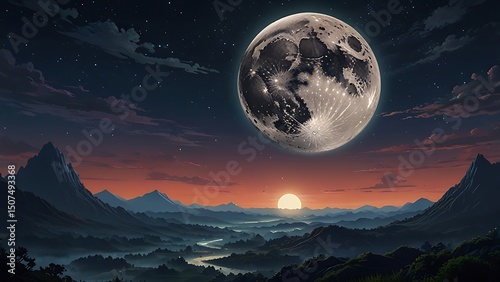 A serene landscape featuring a large moon over mountains at sunset with a winding river below it