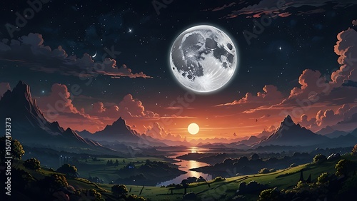 A digital painting of a landscape with mountains, a river, moon, and stars at night time view