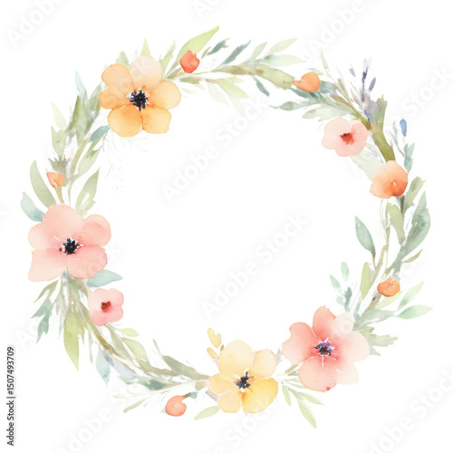 Watercolor Floral Wreath Peach and Yellow Flowers, Torn Edge Card Design
