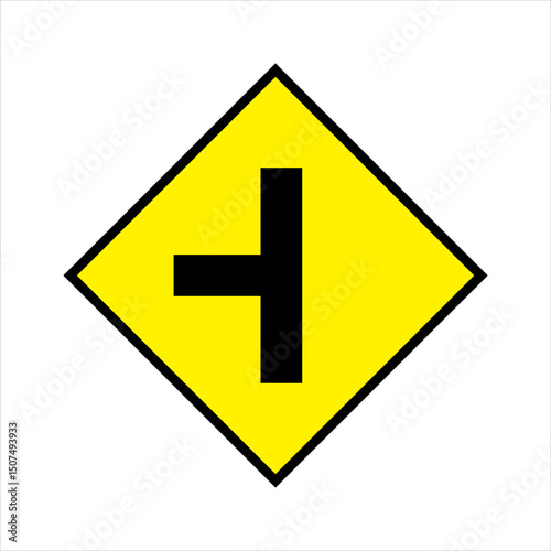icon warning sign for a left.eps  Illustration of a traffic warning sign for a left "T" intersection. The sign is diamond-shaped with a yellow background and black symbol, commonly used to warn driver