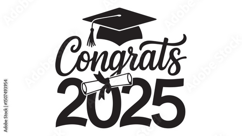 Celebrate Graduation 2025 with this stylish Congrats design featuring a graduation cap and diploma. Perfect for cards, banners, and more.