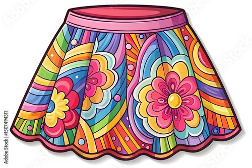 Colorful skirt with floral patterns and vibrant designs. The skirt features a scalloped hem and a pink waistband, showcasing a playful and artistic style.