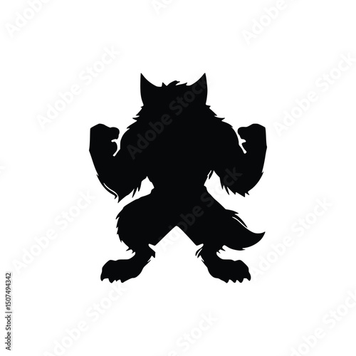 Vector art of Silhouette of a muscular werewolf monster isolated on white background with raised fists