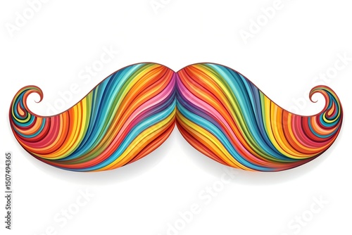 A colorful, stylized mustache design with vibrant rainbow stripes. The mustache has a smooth, flowing appearance, showcasing a playful and artistic style.