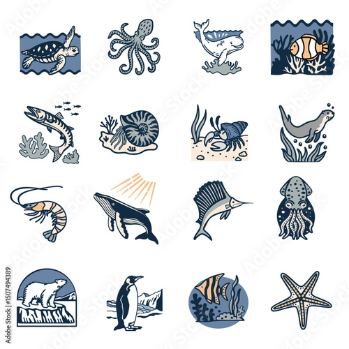 A collection of hand drawn images of sea creatures in a vector flat design.