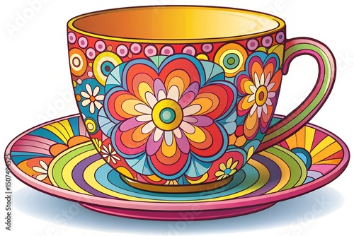 Colorful ceramic cup with floral patterns and a matching saucer. The design features vibrant colors and intricate details, ideal for tea or coffee lovers.