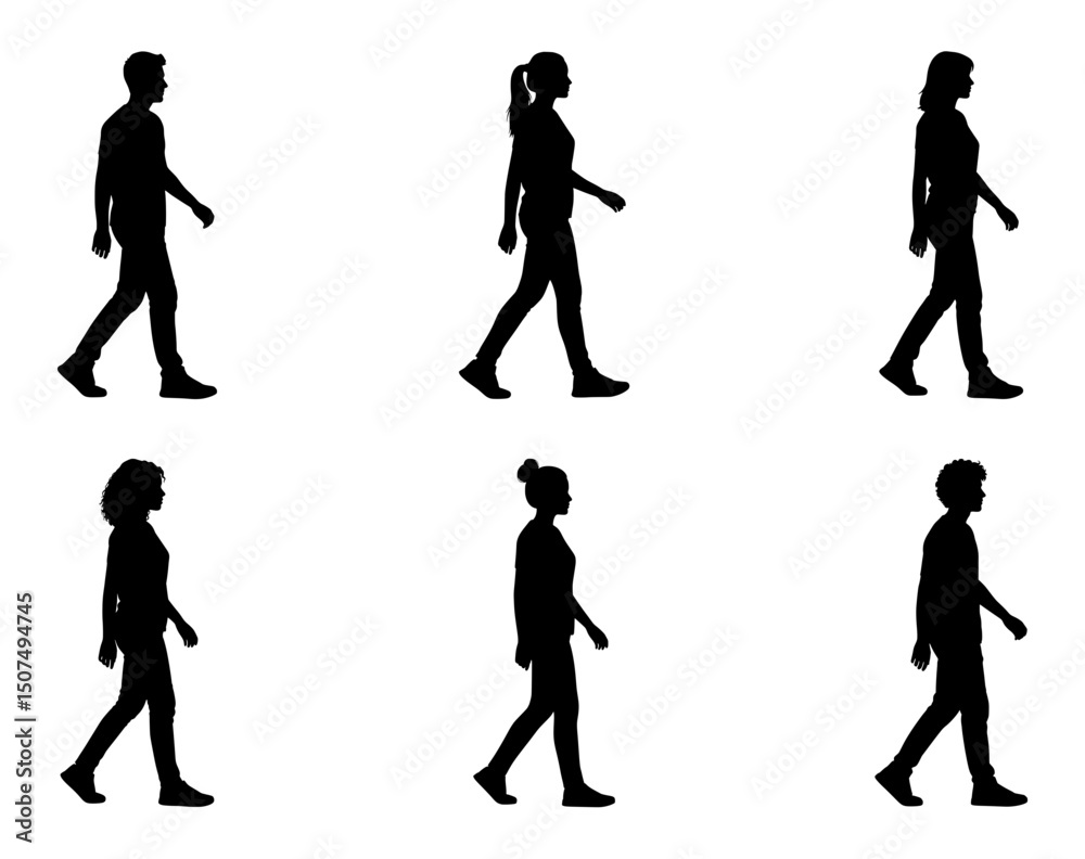 Fototapeta premium Side Walking People Silhouette Set – Black Silhouette Vector