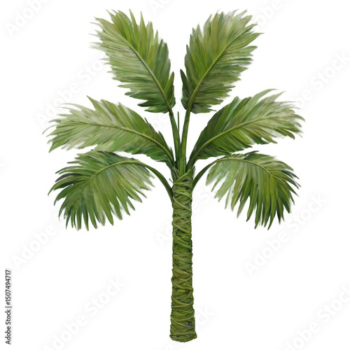 Palm Tree Illustration Lush Green Foliage, Detailed Trunk, Tropical Design Element