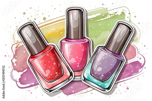 Three bottles of nail polish in vibrant colors: red, pink, and purple, placed on a colorful watercolor background. Ideal for beauty and cosmetic themes.