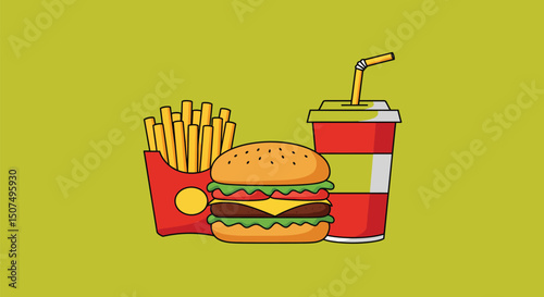  Classic fast food meal including a burger, fries, and a soft drink with straw ideal for restaurant menus, food delivery apps, diner branding, or snack-themed content.