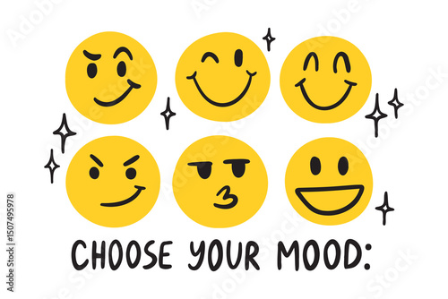 Vintage retro hand drawn crayon smiley face illustration print with slogan choose your mood for graphic t shirt, poster or sticker 