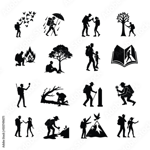 Exploring Nature Silhouettes of Hiking, Camping, and Outdoor Adventure in Scenic Wilderness Settings