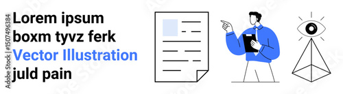 Man pointing at document while holding clipboard, abstract pyramid with eye above. Ideal for business, analytics, creativity, vision, documentation, presentations, simple landing page