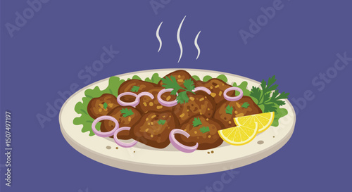 A healthy mutton fry dish, served on a clean plate with visible herbs, lemon slices, and light steam to indicate freshness logo. Ideal for restaurant branding