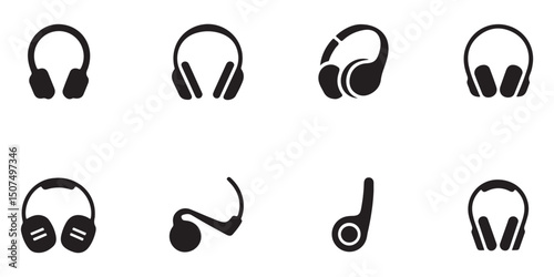 Headphone Icon | Audio Device Vector Symbol | Black Silhouette & Line Style