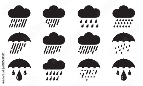 Rain Icon Set | Black Silhouette Weather Symbols | Storm and Cloud Vector Icons