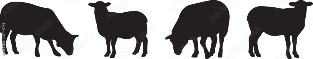 Fototapeta premium Shadowy Sheep Silhouettes: Four sheep silhouettes in a simple, clean graphic style, set against a backdrop of pure color, evoke a sense of rural life and rustic simplicity. 