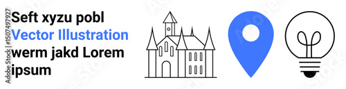 Castle with pointed towers, blue location pin, and light bulb with filament. Ideal for education, tourism, creativity, innovation, location, map apps and a simple landing page