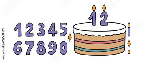 Cartoon colorful kids birthday cake with numbers template drawing doodle style. Birthday cake, burning candles and numbers. Celebration and cake decoration.