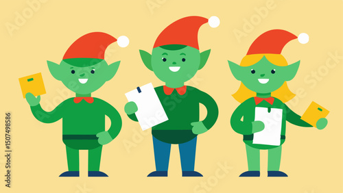 Elves in a Team A group of three elves working together each holding flyers and talking animatedly directing a group of excited shoppers to various sale spots.