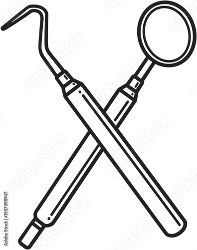 Dental tools crossed on a white background in a line art style  