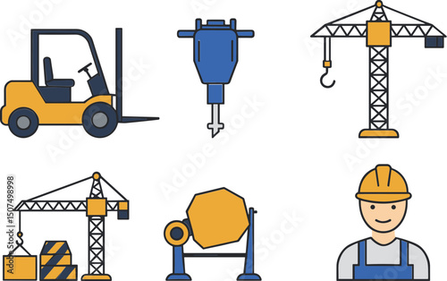 Construction equipment and worker illustrations in flat design  