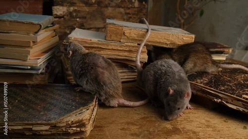 Brown rats and old antique books on wooden table.