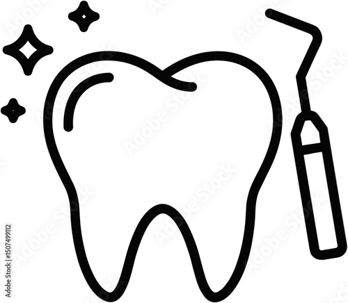 Dental tool with clean tooth in minimalist black line art style  