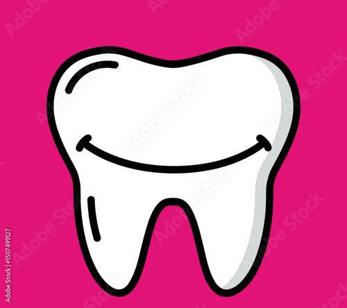 Cartoon tooth graphic smiling on pink background  