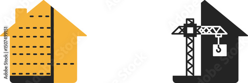 Construction house icon with crane and building structure graphic  
