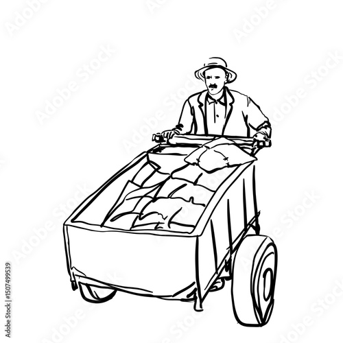 Black and white line art of a man in hat pushing a heavy cart loaded with sacks, vintage style hand-drawn vector illustration with bold contour lines, minimal and expressive