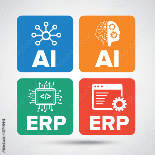 Flat Design AI and ERP Technology Icons – Artificial Intelligence and Enterprise Resource Planning Concept  vector Illustration