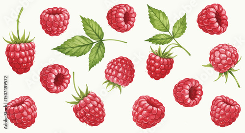 Detailed Watercolor Painting Showcases A Collection Of Vibrant Red Raspberries And Their Green Leaves Capturing A Whimsical Natural And Fresh Visual Impact