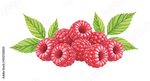 Vibrant Watercolor Vector Illustration Showcasing A Luscious Cluster Of Ripe Raspberries And Verdant Leaves Rendered In A Fresh And Inviting Visual Style