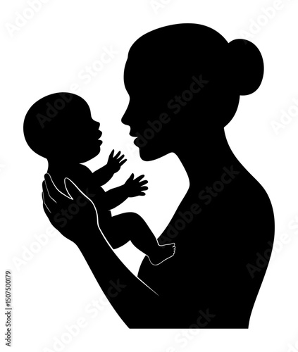 Silhouette of a mother holding her baby, capturing a tender and emotional moment of love and bonding. Elegant black outline on a light background, symbolizing maternal care and affection.