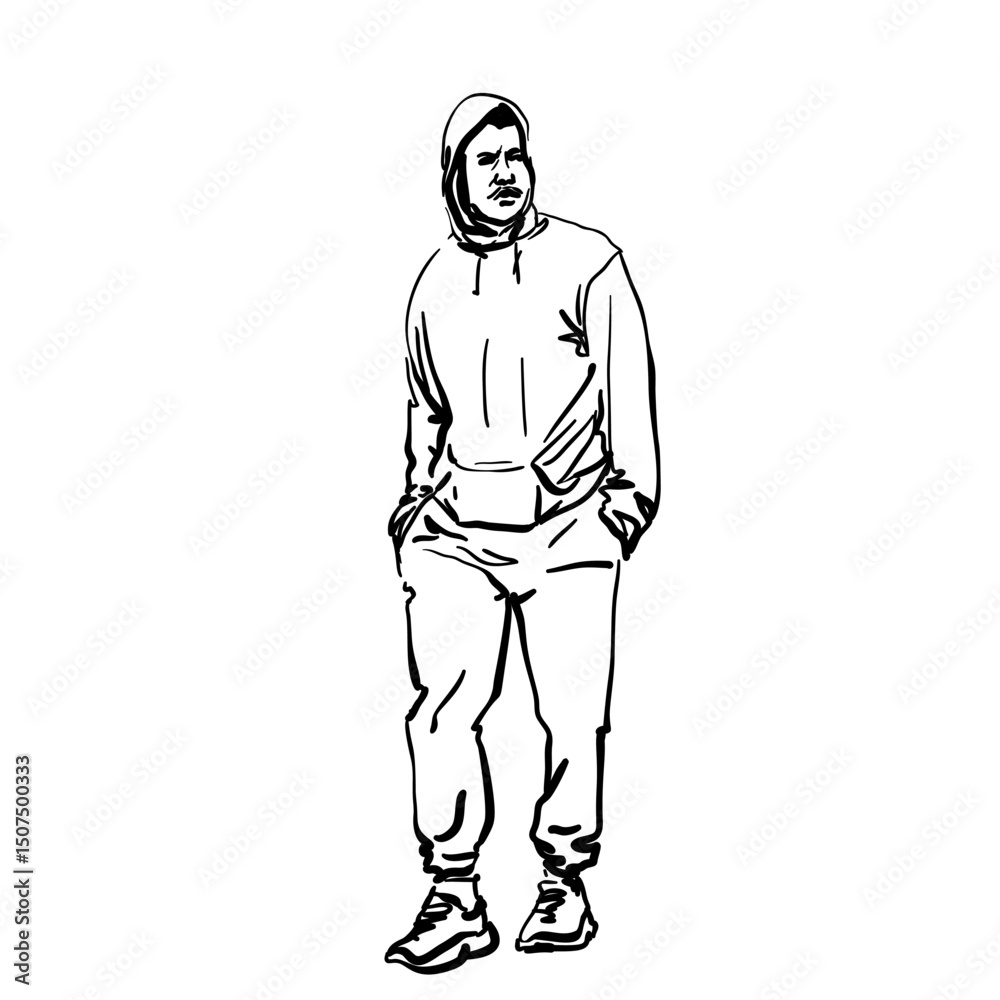 Fototapeta premium Hand-drawn vector of a man walking slowly in hoodie with phone in pocket. Casual pants, hands in pockets. Clean black line art isolated on white