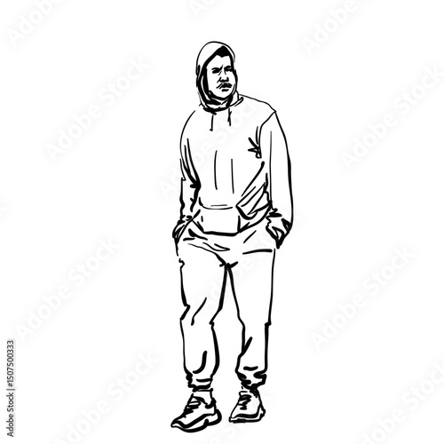 Hand-drawn vector of a man walking slowly in hoodie with phone in pocket. Casual pants, hands in pockets. Clean black line art isolated on white