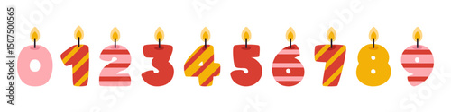 Vector burning birthday cake candles set. Collection of cute numbers candlelights in flat design. Funny baby candles shaped like numbers. Cute age year candles.