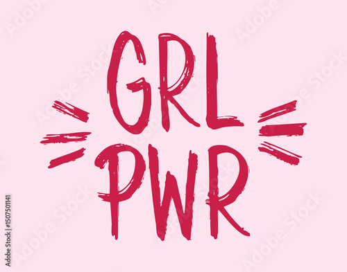 Girl power handwritten pink lettering. GRL PWR feminist slogan, phrase or quote. Girl emblem