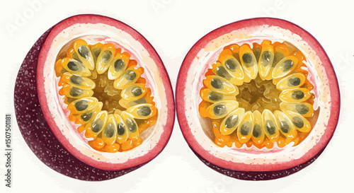 Vibrant Watercolor Depicts Two Halves Of A Passion Fruit Showcasing The Pulps Bright Color And Seeds With Delicate Brushstrokes Against A White Backdrop