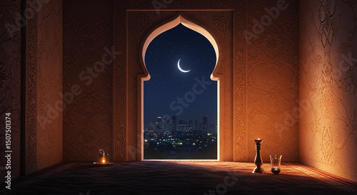 Ramadan window view with crescent moon and cityscape