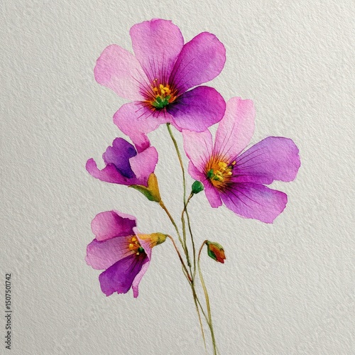 botanical watercolor illustration violet wood sorrel pink petals Delicate pink flowers with a textured background. white background
